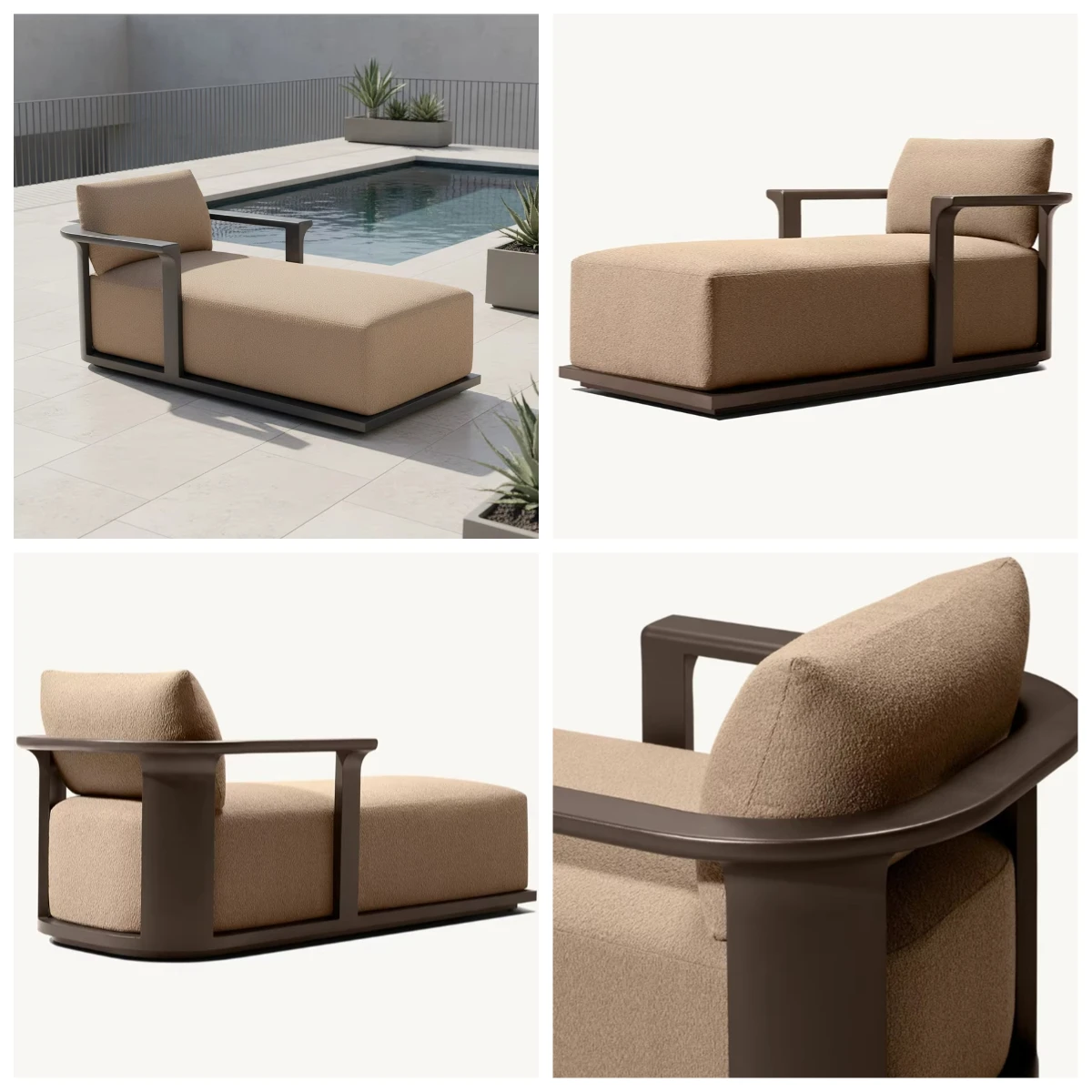Hot-selling Aluminum Chaise, Deep Bronze Frame with Light Beige Plush Cushion, Modern Outdoor Patio Lounge Chair