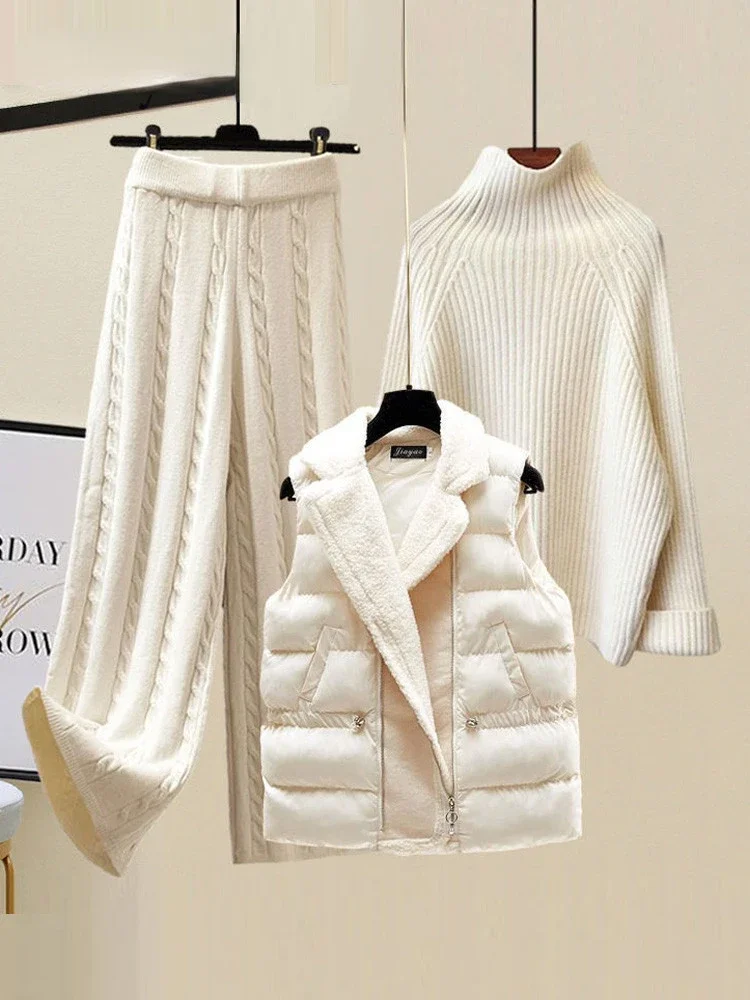 New Winter Warm Knitted Three Piece Set Women PulloverTurtleneck Sweater + Lamb Wool Vest + Wide Leg Pants Women's Tracksuit