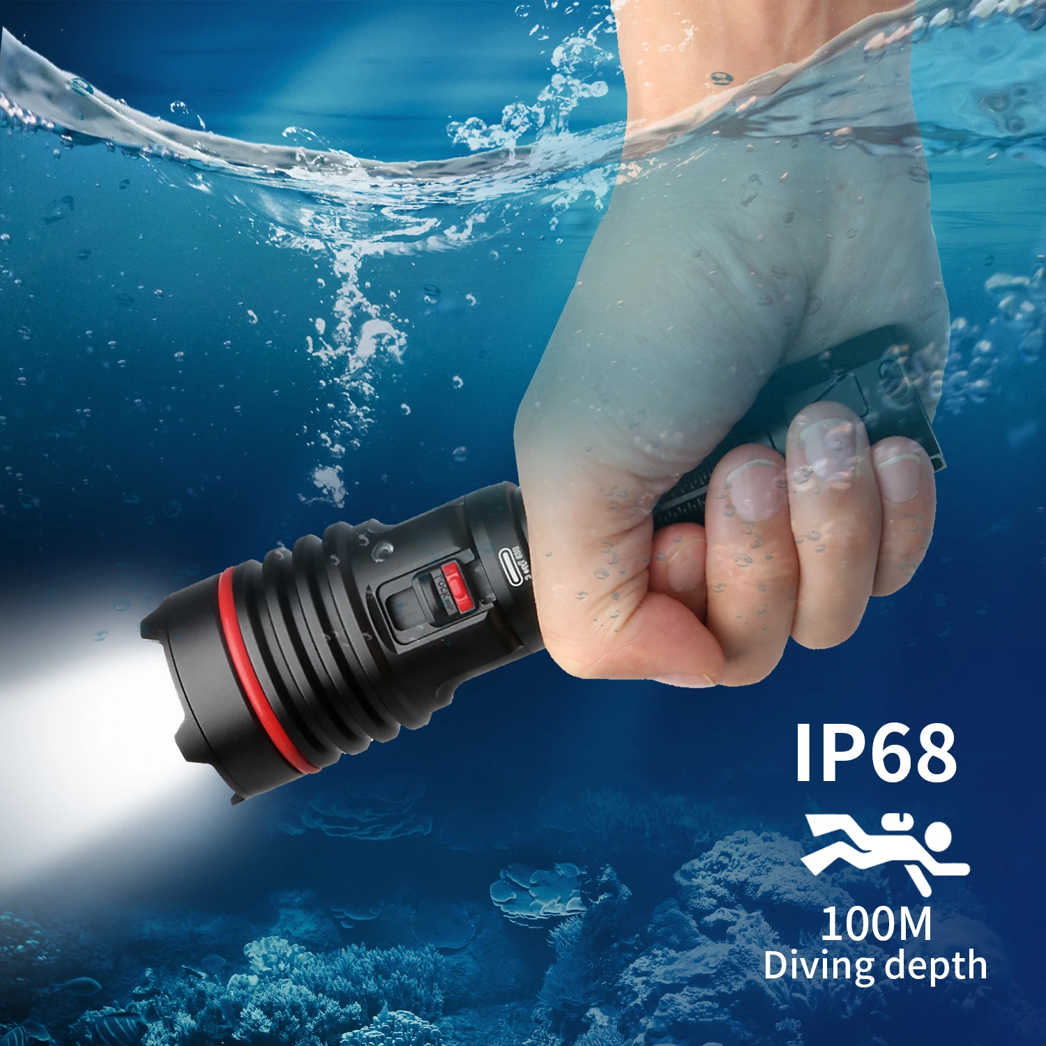 Lampe de plongée S16 2000 lumens avec variation d'intensité continue - Lampe torche sous-marine super lumineuse, rechargeable par USB-C, étanche IP68, portée de 328 pieds pour la plongée sous-marine et la plongée nocturne.