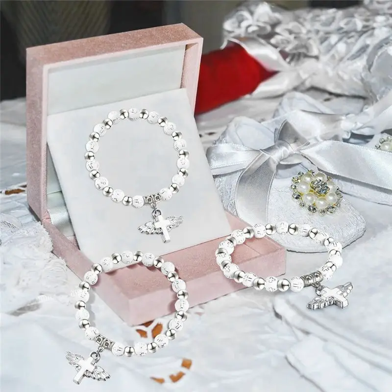 30 Pieces Angel Wing Rosary Bracelets Acrylic Baptism Beaded Bracelets For Baptism Favors Communion Weddings Party Eco-Friendly