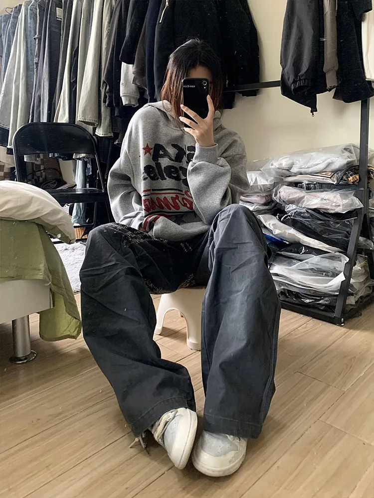 American High Street Star Print Hoodie feminino outono inverno Thiened solto casal na moda preguiçoso outerwear Fce forrado