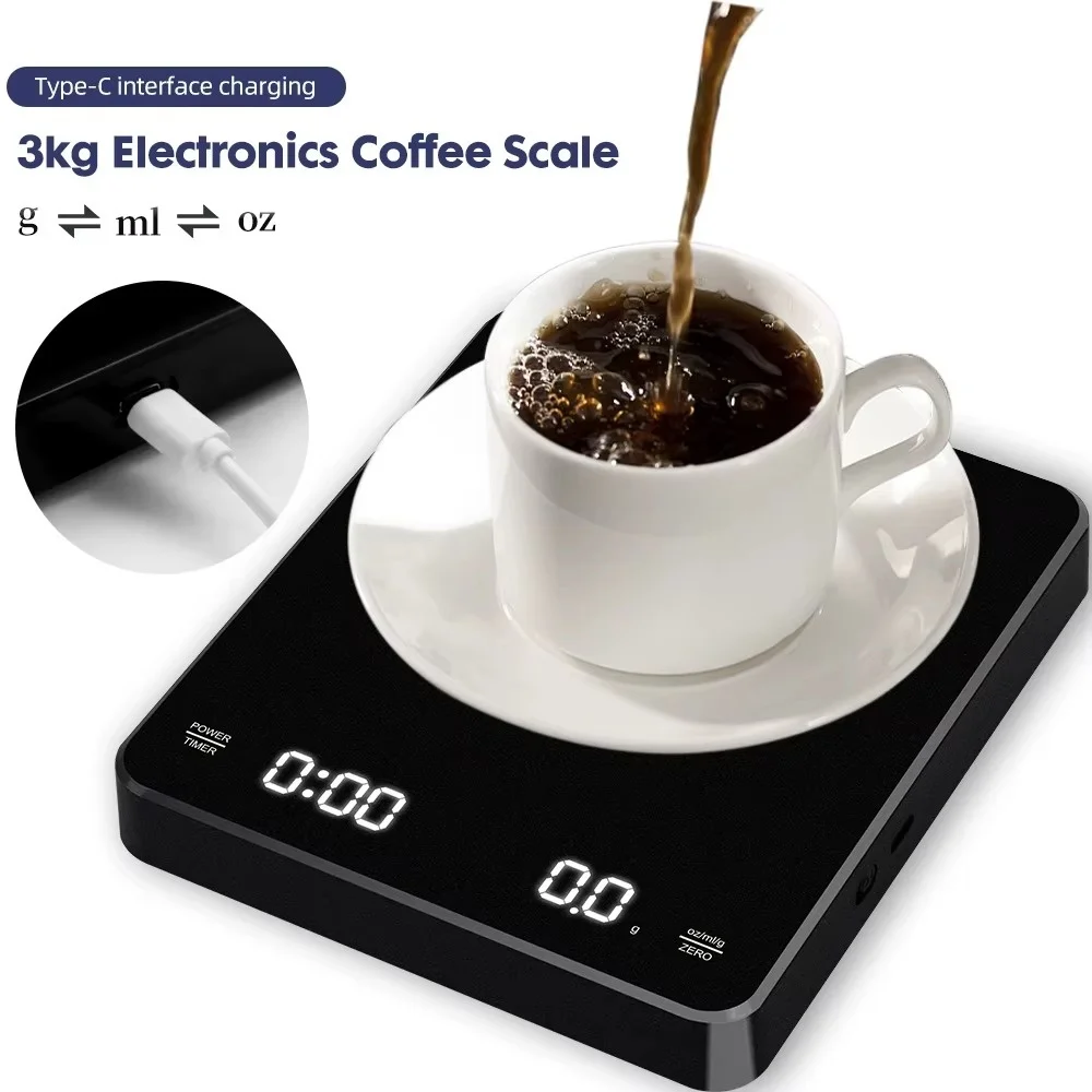 Digital Scale with Timer LED Screen Espresso Coffee Scale USB Max 3kg 0.1g High Precision Measures in Oz/ml/g Rechargeable Scale