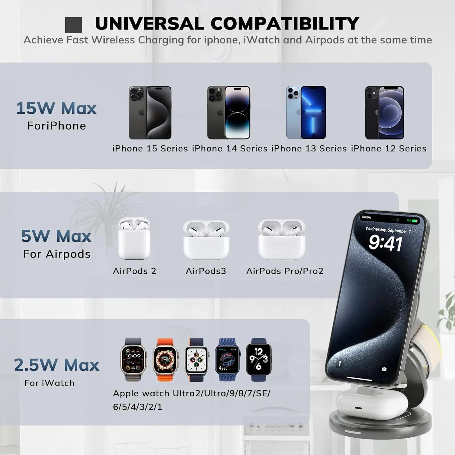 แท่นชาร์จไร้สายแบบแม่เหล็กพับได้3 in 1, แท่นหมุนแบบพกพาสำหรับ iPhone 15 14 13 12 PRO MAX iWatch 9 8 airpods