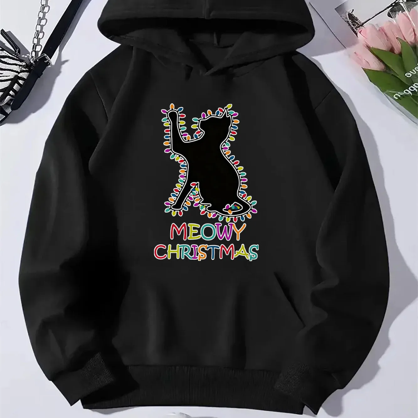 

Рождественские мультяшные огни с принтом котенка, осенне-зимняя женская толстовка в стиле Харадзюку, модная и универсальная праздничная толстовка