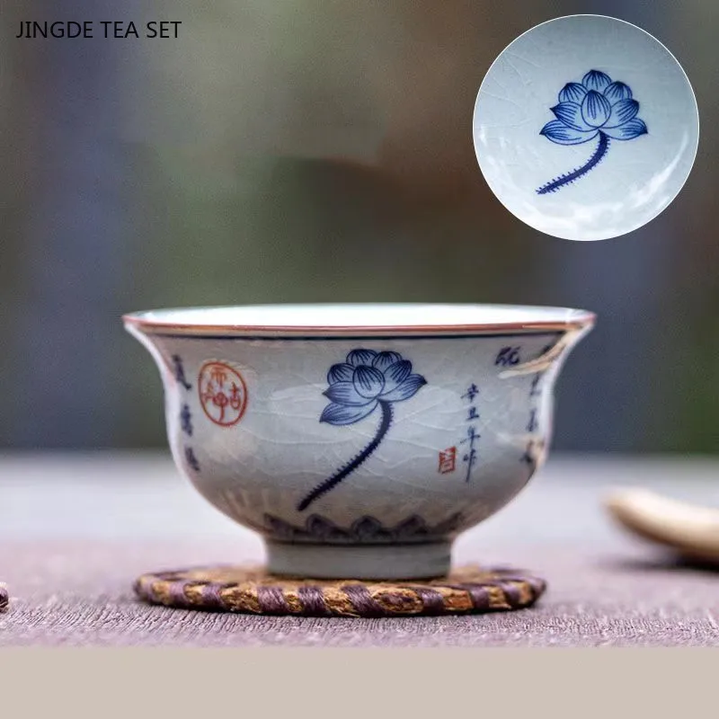 Hand-painted Lotus Ceramic Teacup Exquisite Ice Crack Glaze Blue and White Porcelain Master Cup Custom Beauty Tea Accessories