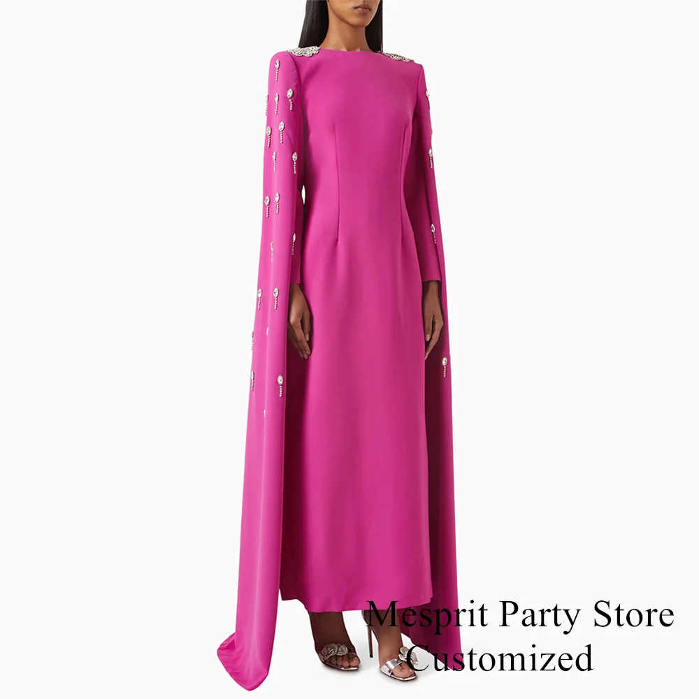 

Fuchsia Prom Dress فساتين للمناسبات الخاصة Customized Long Sleeves Beading Crystal Ankle Length Back Slit Evening Dresses