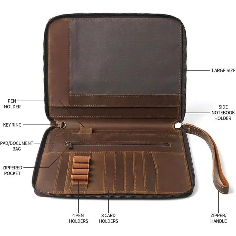 Leather Portfolio With Zipper A5 Leather Binder For A5 Letter Size Notepad, Resume, Writing Pad, Pen Loop