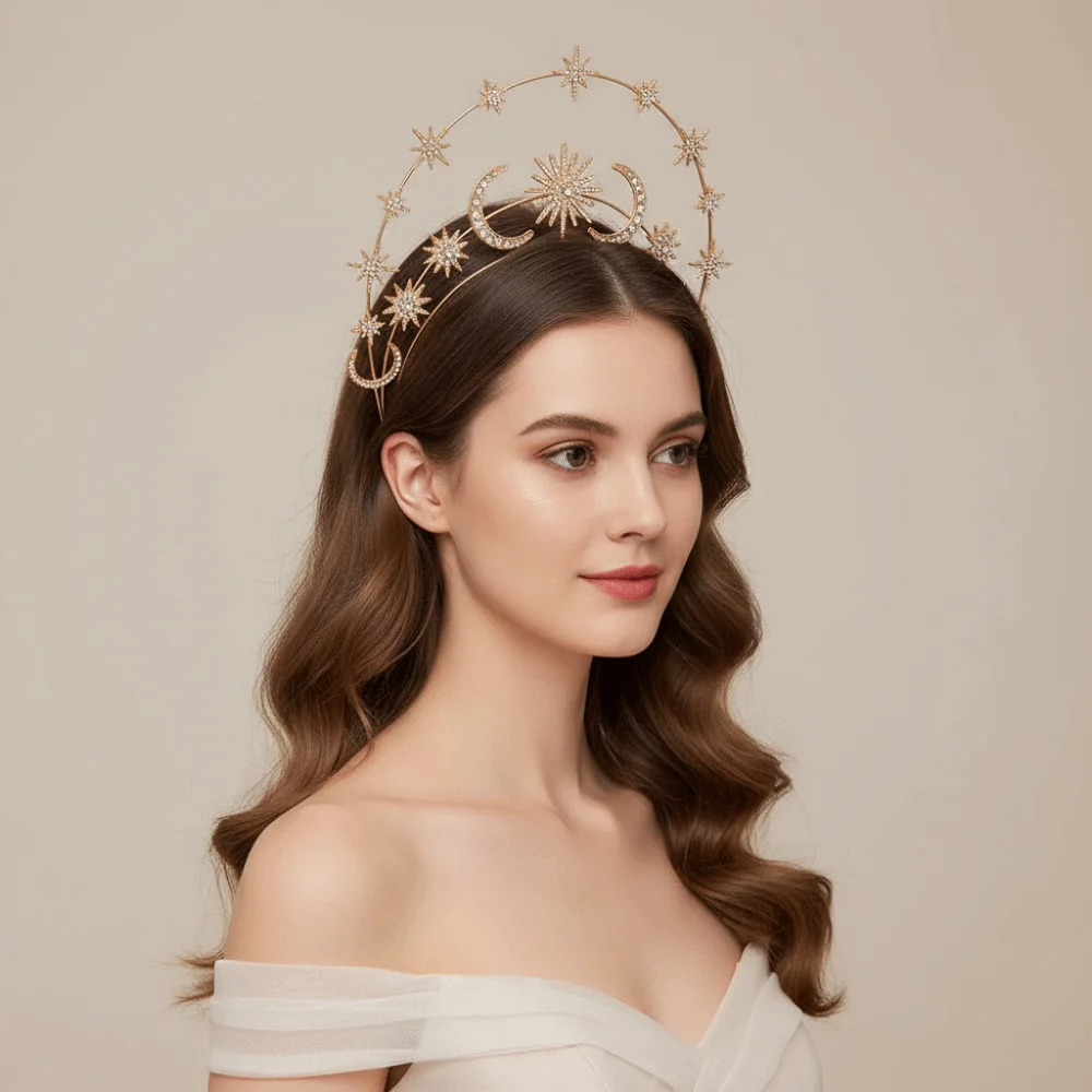 Diadema de Estrella de Cristal Dorada y Plateada, Tiara de Seis Estrellas con Diamantes de Tres Capas, Corona Nupcial Brillante con Pedrería, Aro para el Cabello de Novia para Boda
