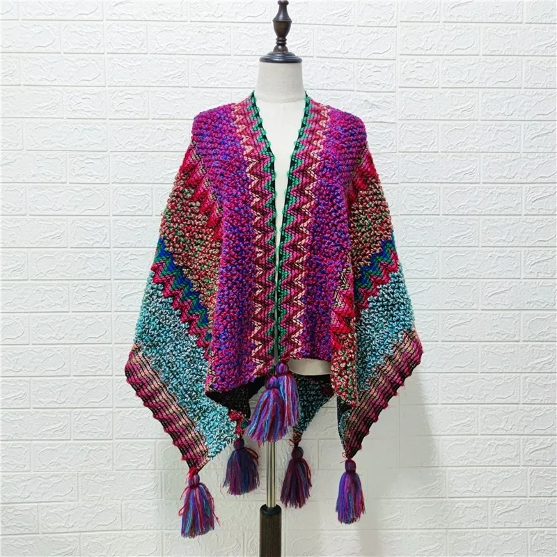 

Poncho Knitted Cloak Knitted Cape Ethnic Style Capes Tassel Cardigan Sweater Color Loose Vintage Striped Women Travel Coat