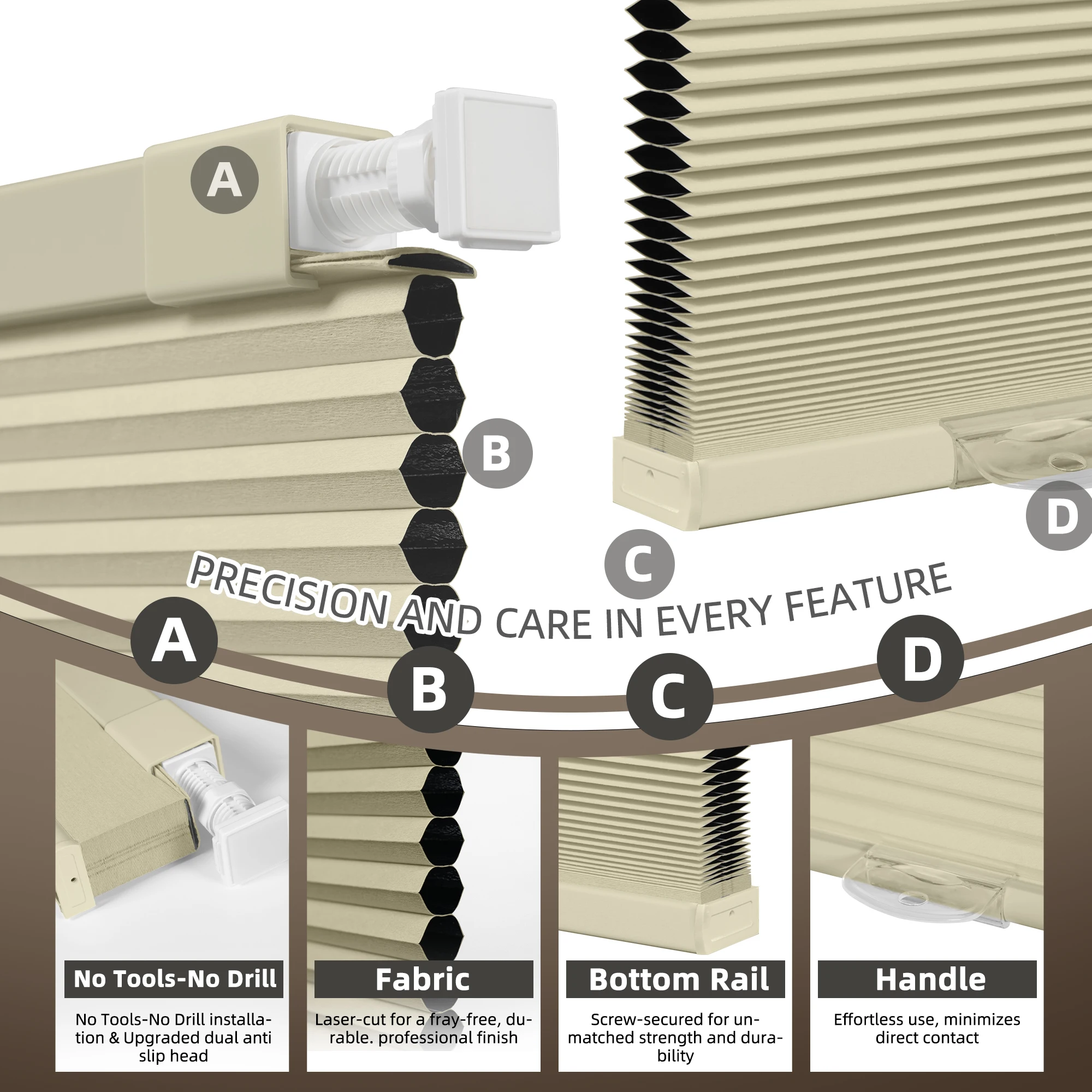 No Drill Cellular Shades, Cordless Blackout Shades for Indoor Windows Honeycomb Blinds for Thermal Insulated & Noise Reduction