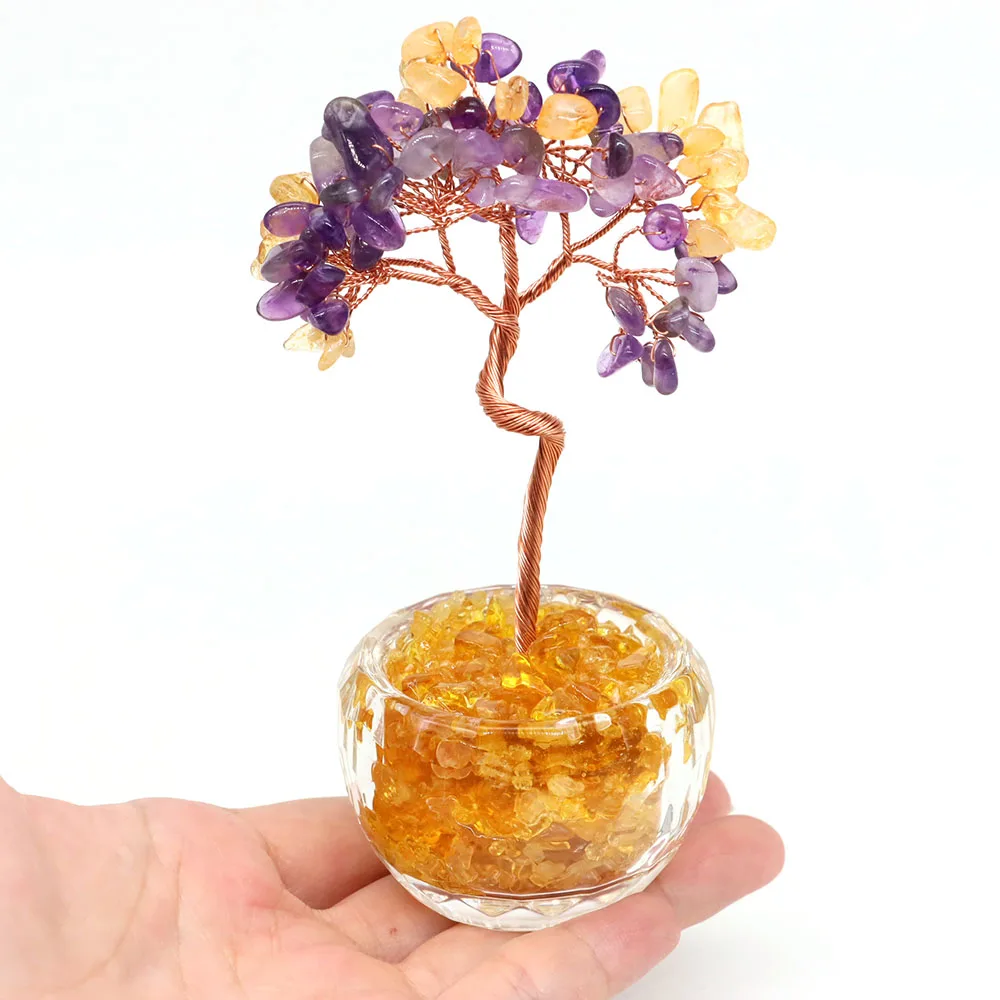 Natural Crystals Tree Of Life Ornament Handmade Feng Shui Crystal Money Tree for Women Men Birthday Gifts Home Office Decoration