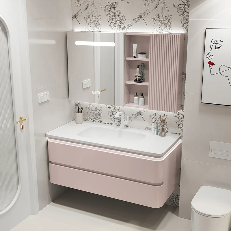 

！@Modern Solid Wood Bathroom Vanities Pink Cabinet with Smart Mirror and Intelligent Features for Hotel Use Waterproof Design
