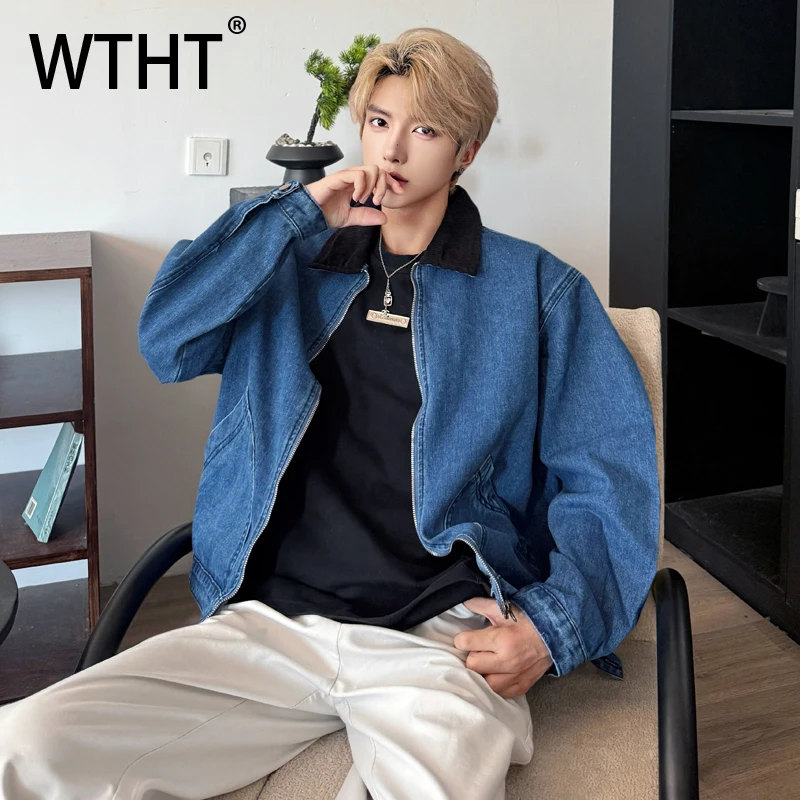 

WTHT Vintage Men's Spliced Big Pockets Design Casual Denim Coats Fashion 2025 Autumn Solid Color Loose Jackets Male 2A2143