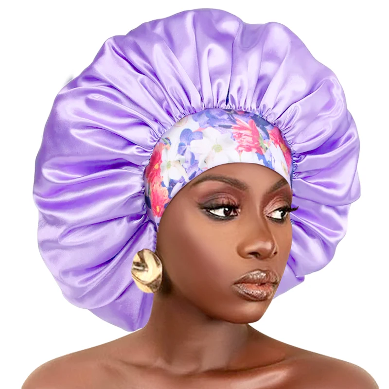 Damen Haube aus seidigem Satin für dickes Haar, Schlafhaube mit elastischem Band, afrikanische Kopfbedeckung, Blumen-Turban, Chemio-Kappen – Detail 16