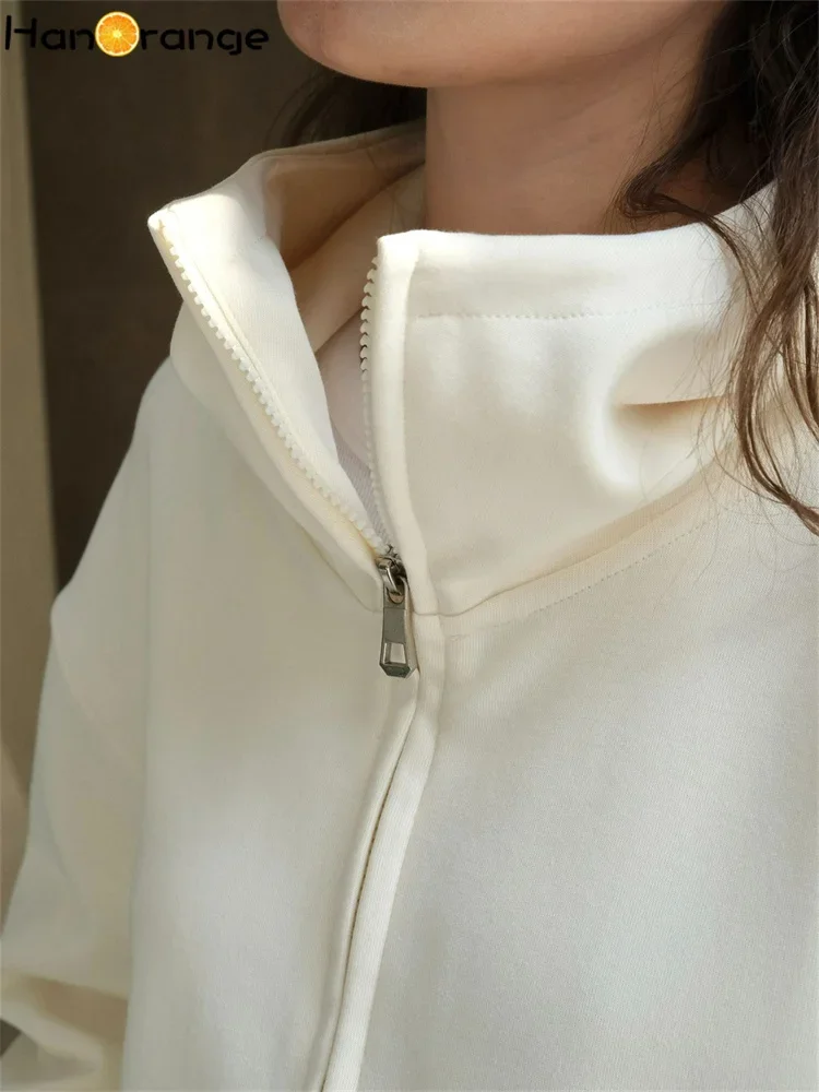 HanOrange 2024 Autumn Fashion Simple Air Layer Hoodie Women Loose Breathable Hooded Top Grey/Beige