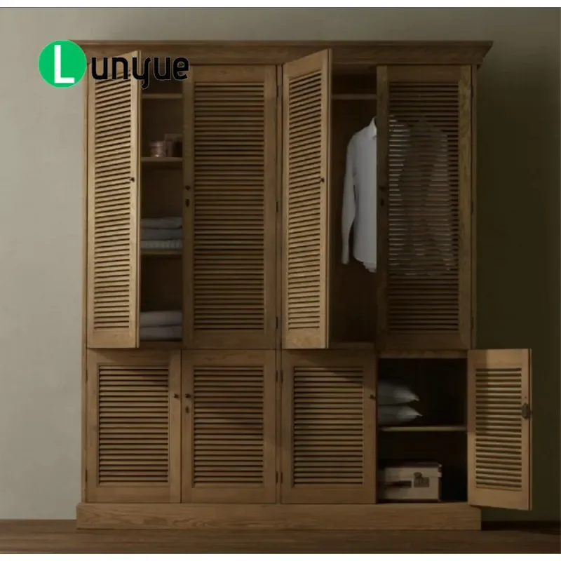 American Oak 4 Door Louvered Wardrobe French Country Retro Solid Wood Storage Cabinet Assembly Required for Bedroom Living