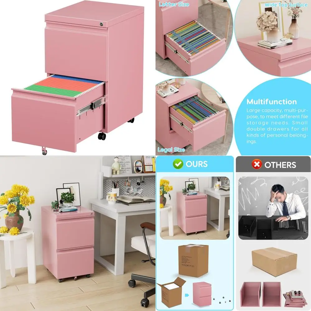 

Lockable Metal File Cabinet on Wheels for Home Office, Legal/Letter Size, Fully Assembled, 2 Drawer Storage Solution