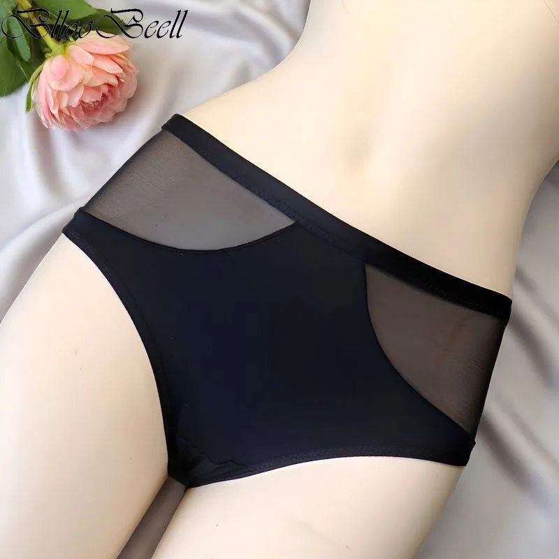 

Solid Color Women's Underwear Mid Waist Mesh Panties Hollow out Ice Silk Briefs Comfortable Sexy Lingeries for Ladies
