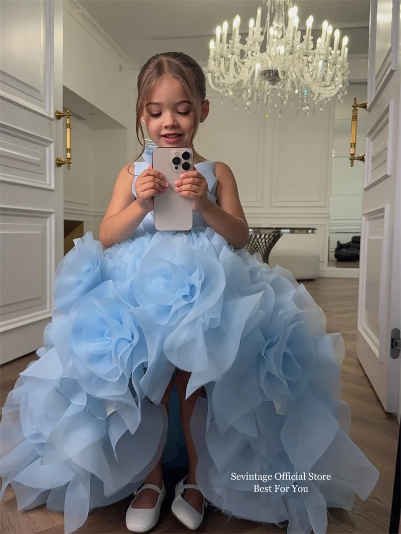 Sevintage Abiti da ragazza con fiori blu carini Abiti da ballo senza maniche con volant carini Abiti da festa di compleanno per bambini per matrimoni personalizzati