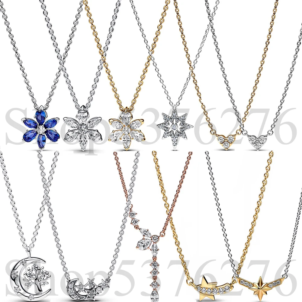 

925 Sterling Silver Heart Moon & Star Tree Herbarium Cluster Drop Fashion Collier Necklace Fit Women Bead Charm Gift DIY Jewelry