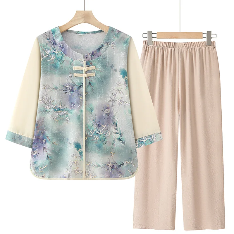 XL-5XL Vintage Women‘s Pajamas Set Spring Autumn Home Wear Outside Middle Aged Mother Two Pieces Outfit Plus Size Sleepwear