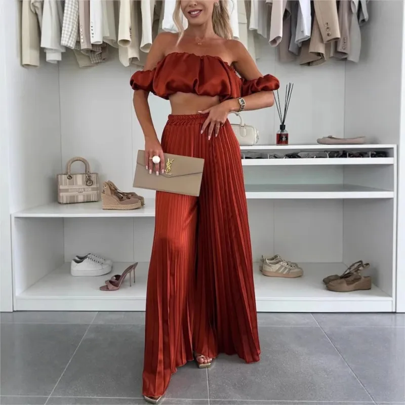 2025 الصيف المرأة مثير 2 قطعة مجموعة خارج الكتف أكمام المعتوه صديرية دائرية + بنطال ذو قصة أرجل واسعة مجموعة موضة حفلة بناطيل كاجوال الزي