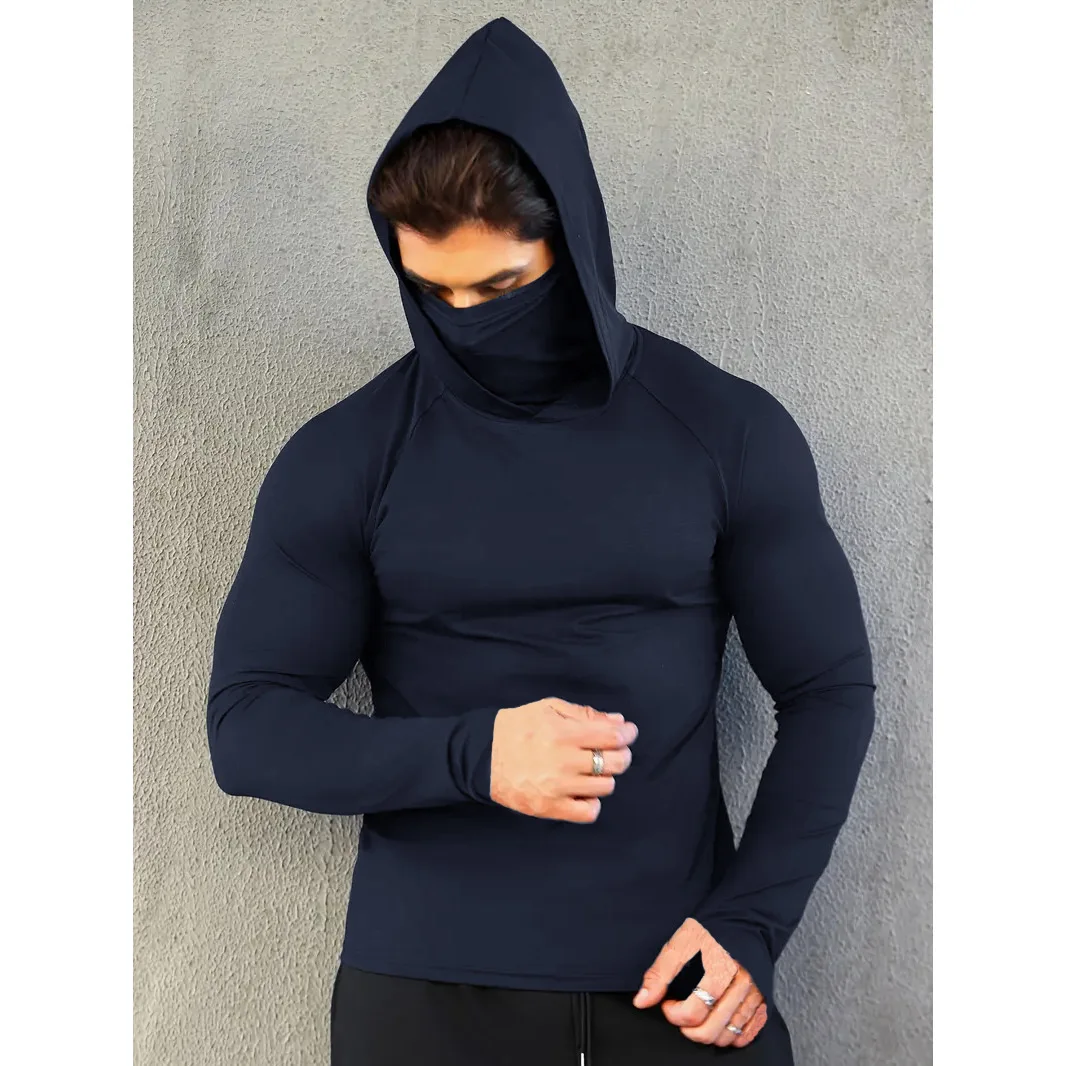 Solid Color Kid Fitness Tops Long Sleeve Tees For Boy Hooded With Mask Man One-piece Outdoor Sports Tops Gym Boys Train T shirt