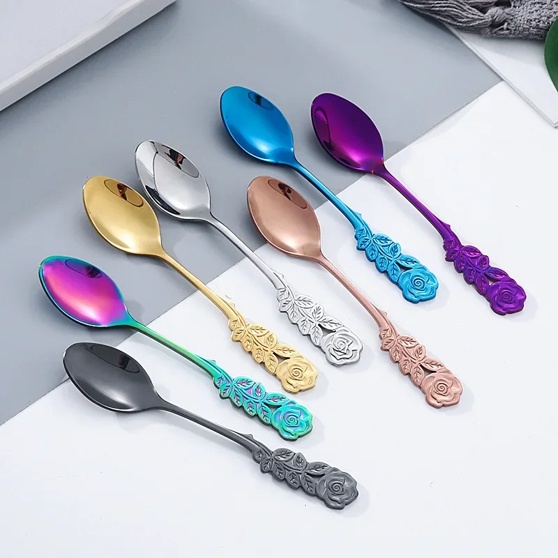 Tea Stirring Spoon Ice Cream Scoop Cute Rose Flowers Spoons Rainbow Coffee Tea Spoon Flatware Drinking Tools Stainless Steel