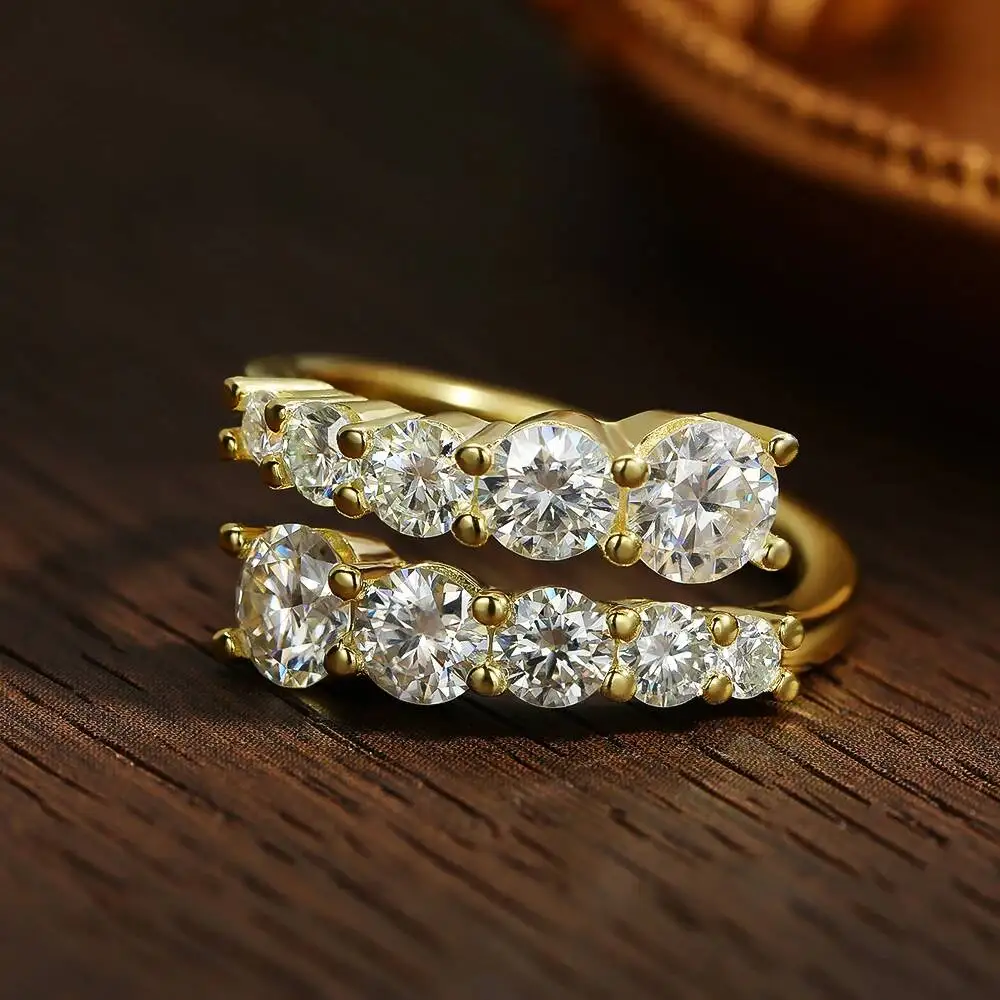 TS 925 Sterling Silver Moissanite Ring for Women 18K Gold Plated Unique Twisted Double Row Engagement Wedding Band