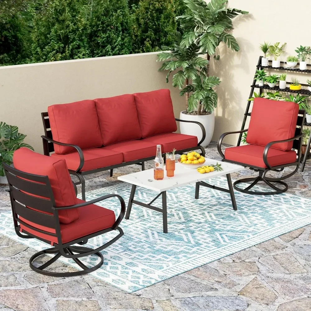 

4 Piece Patio Furniture Set, 3-Seat Deep Seating Bench, 2 Cushioned Swivel Sofa Chairs, Coffee Table, Metal Conversation Set