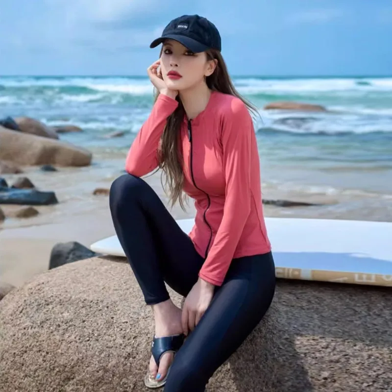 Women's Conservative Split Swimsuit Long Sleeve Long Pants Two-Piece Set Sunscreen Diving Surfing Suit for Hot Spring