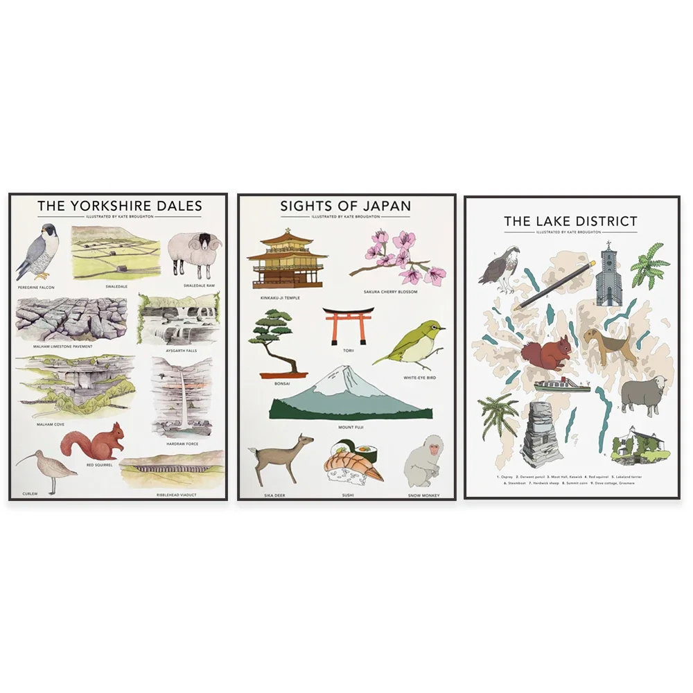 

British Landscapes - Lake District, Japanese Places of Interest Prints, Yorkshire Dales Posters - Nature Illustrations,