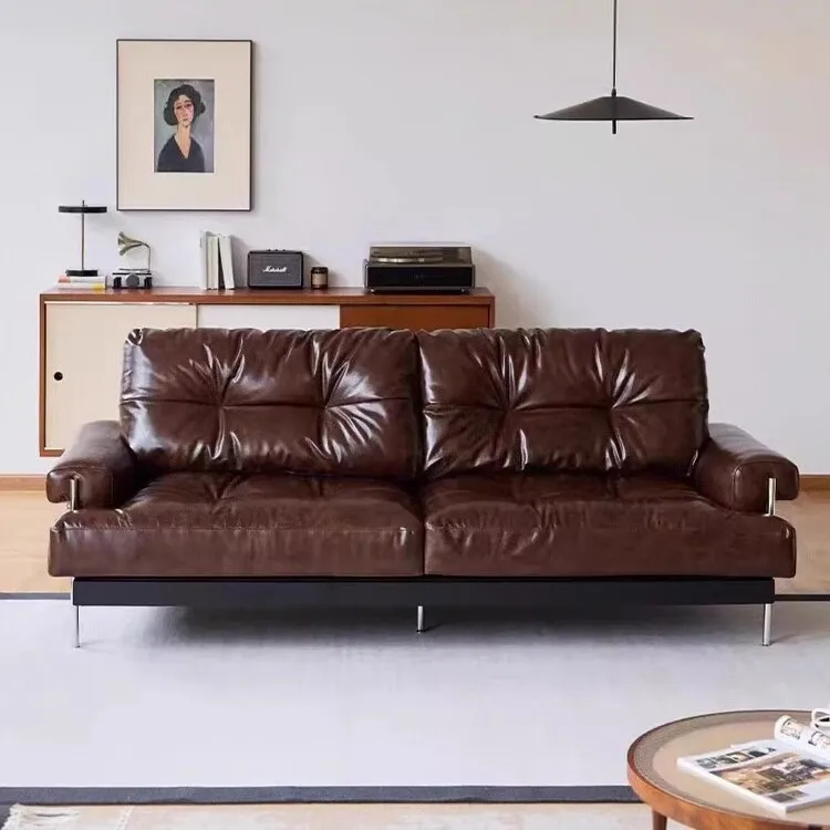 Oil wax leather sofa first layer cowhide household living room small apartment straight row leather art sofa