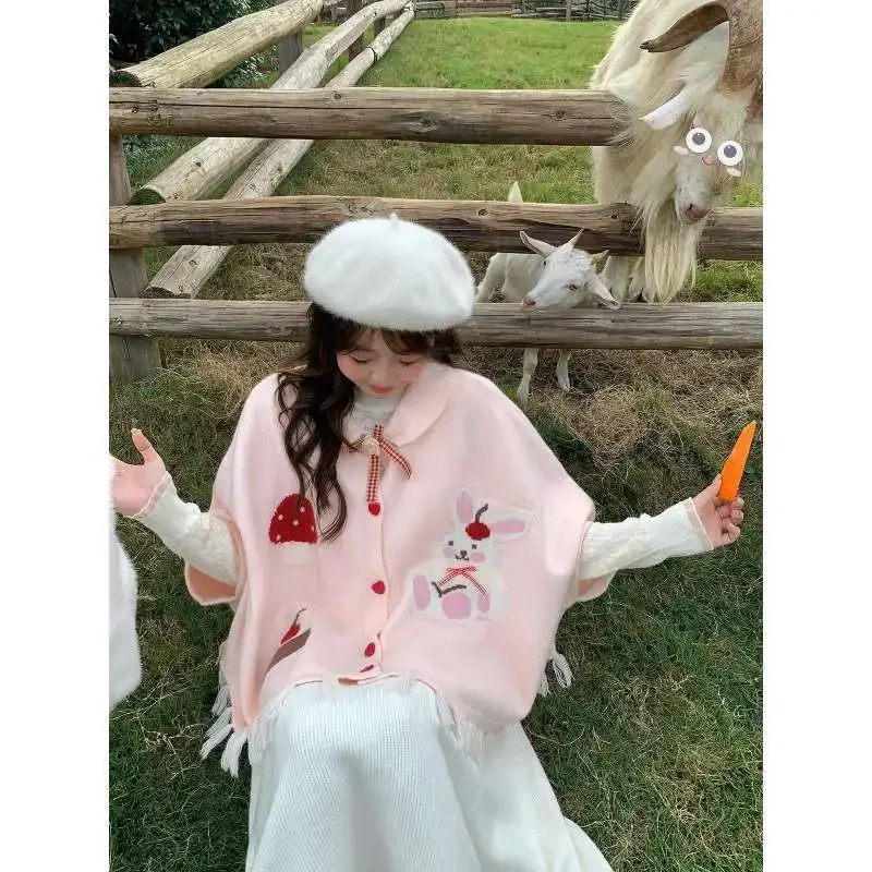 MAGOGO Japanese College Style Autumn Winter Cute Bunny Shawl Cloak Kawaii Lapel Tassel Bow Cardigan Women Knitted Sweater Top