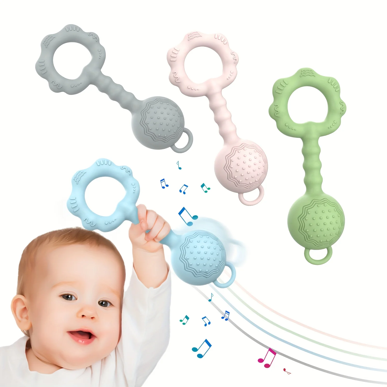 2-in-1 Silicone Rattle and Teether Toy, Soft Soothing Teether Ring, Baby Teether with Massage Dot, Keeps Little Ones Entertained