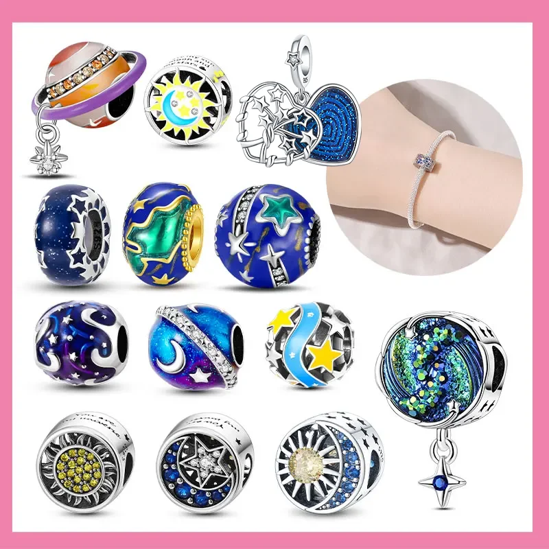 

Colorful Zircon Planetary Space Starry Sunflower Beads Charms Fit Diy Original Bangle Bracelet 925 Silver Women Jewelry Gift