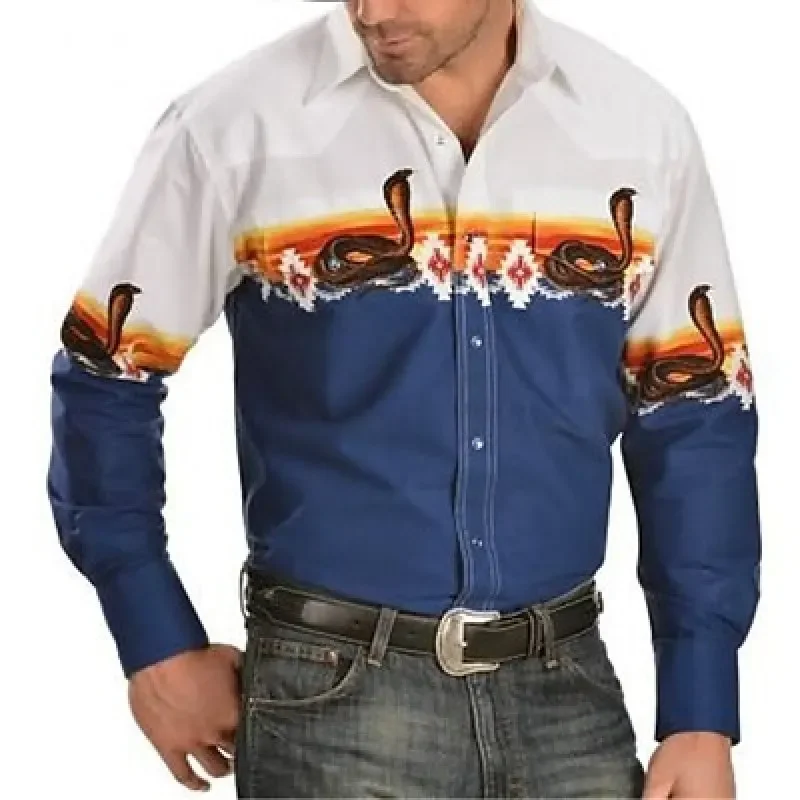 Western Cowboy Trendy Men's Long Sleeve Shirt Vintage Dress Casual Floral Slim Fit Denim 3D Printed Tribal Lapel Mens Fashion