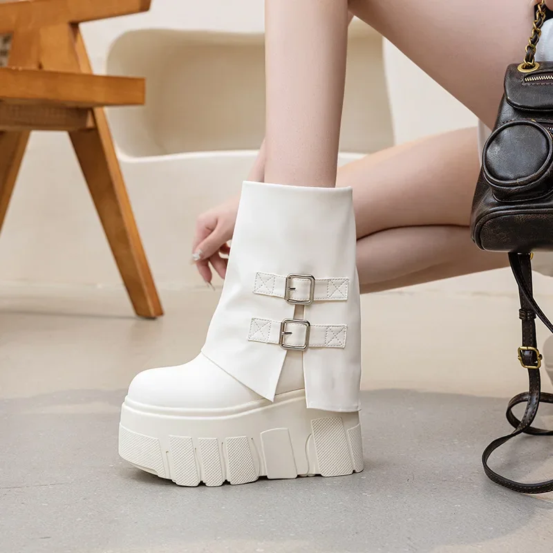 High Quality 14CM Ankle Booties Shoes Natural Genuine Leather Boots Women Motorcycle Boots Platform Ladies Fashion Botas Autumn