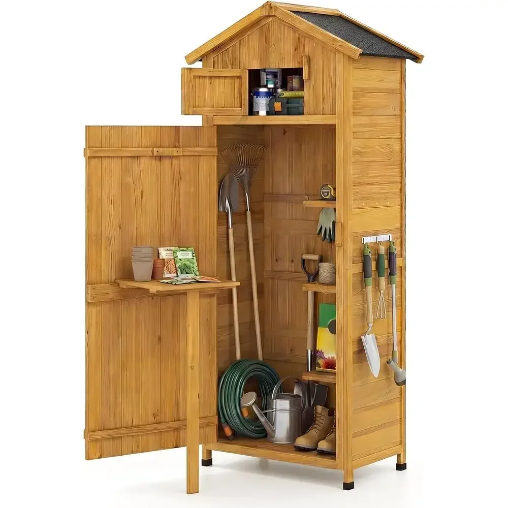 70 Tall Lockable Wooden Storage Cabinet with Foldable Work Table, Utility Organizer, Shelves & Hooks, Waterproof Outdoor Shed (N