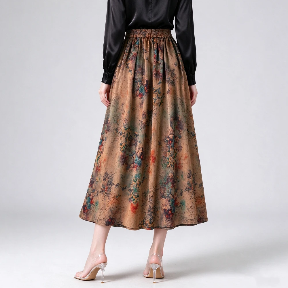 2026 Women's Fashion Autumn Clothing Glossy 100%Natural Mulberry Silk Gambiered Guangdong Gauze Printed A-line Large Swing Skirt