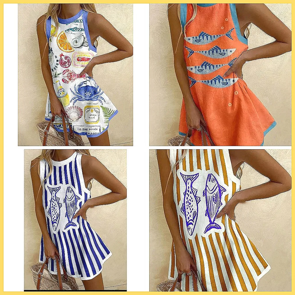 

Женское мини-платье-рубашка осенней коллекции 2025 года, платье-свитер без рукавов с принтом и морскими элементами