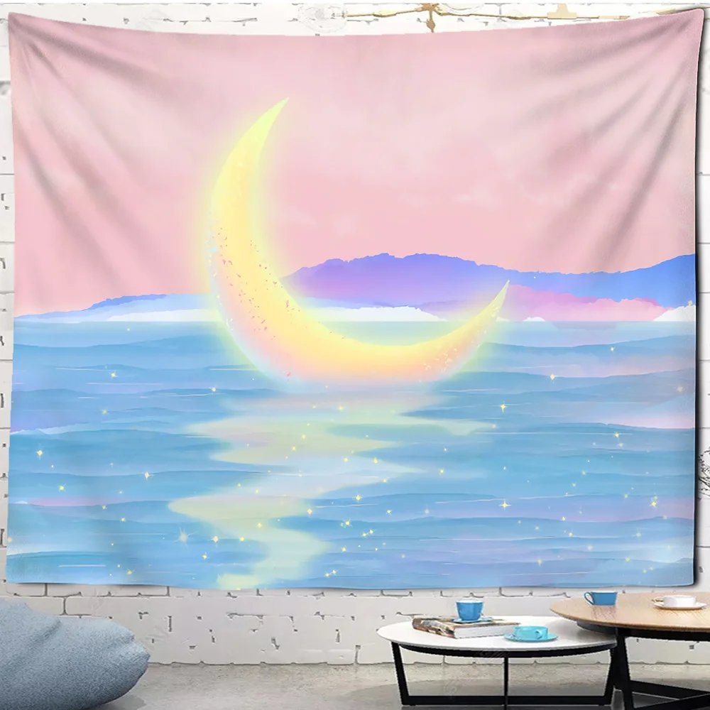 

Pink Moon and Starry Universe Printed Wall Tapestry Hanging Aesthetic Room Decor for Bedroom Dorm and Home Celestial Bohemian