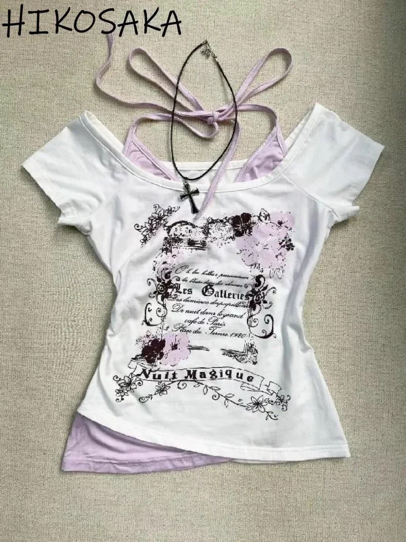 Amerikan Vintage Sahte Iki Parçalı Kapalı Omuz Kısa Kollu Tişörtleri Grunge Punk Baskı Slim Fit Kırpma Üst Y2k Estetik Yaz Tees