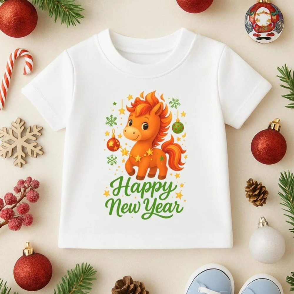 Frohes Neues Jahr Foal Baby T-Shirt Niedliches Feuerpferd Neujahr T-Shirt Jungen und Mädchen Neujahr Urlaubsshirt Kinder Lässige Baumwolloberteile