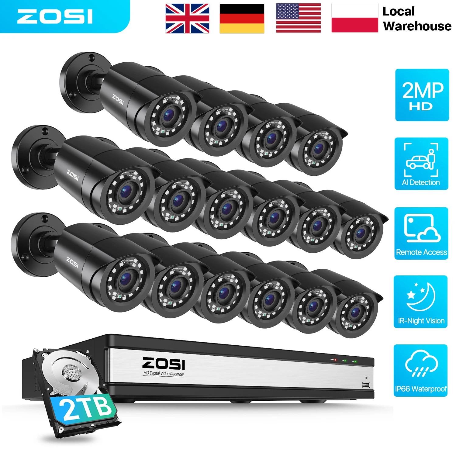 ZOSI 3K Lite 16Channel CCTV Security Camera System AI Detection H.265+ 1080p 16CH DVR 2MP Outdoor Video Surveillance Bullet Cam