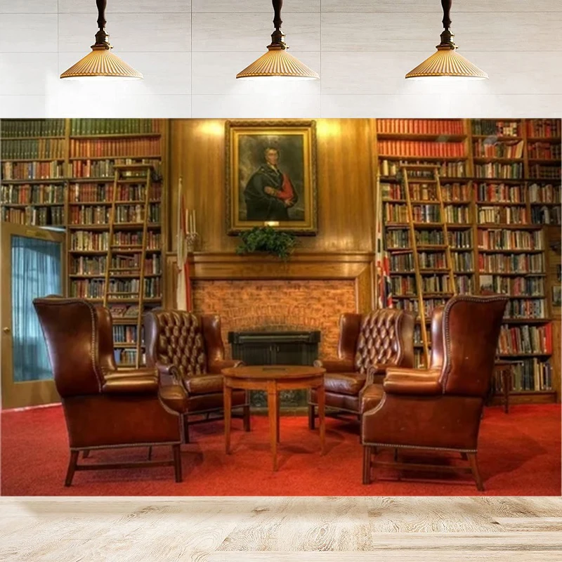 Luxury Study Bookshelf Photography Backdrop Home Office Sofa Business Conversation Room Bookcase Retro Style Background Poster