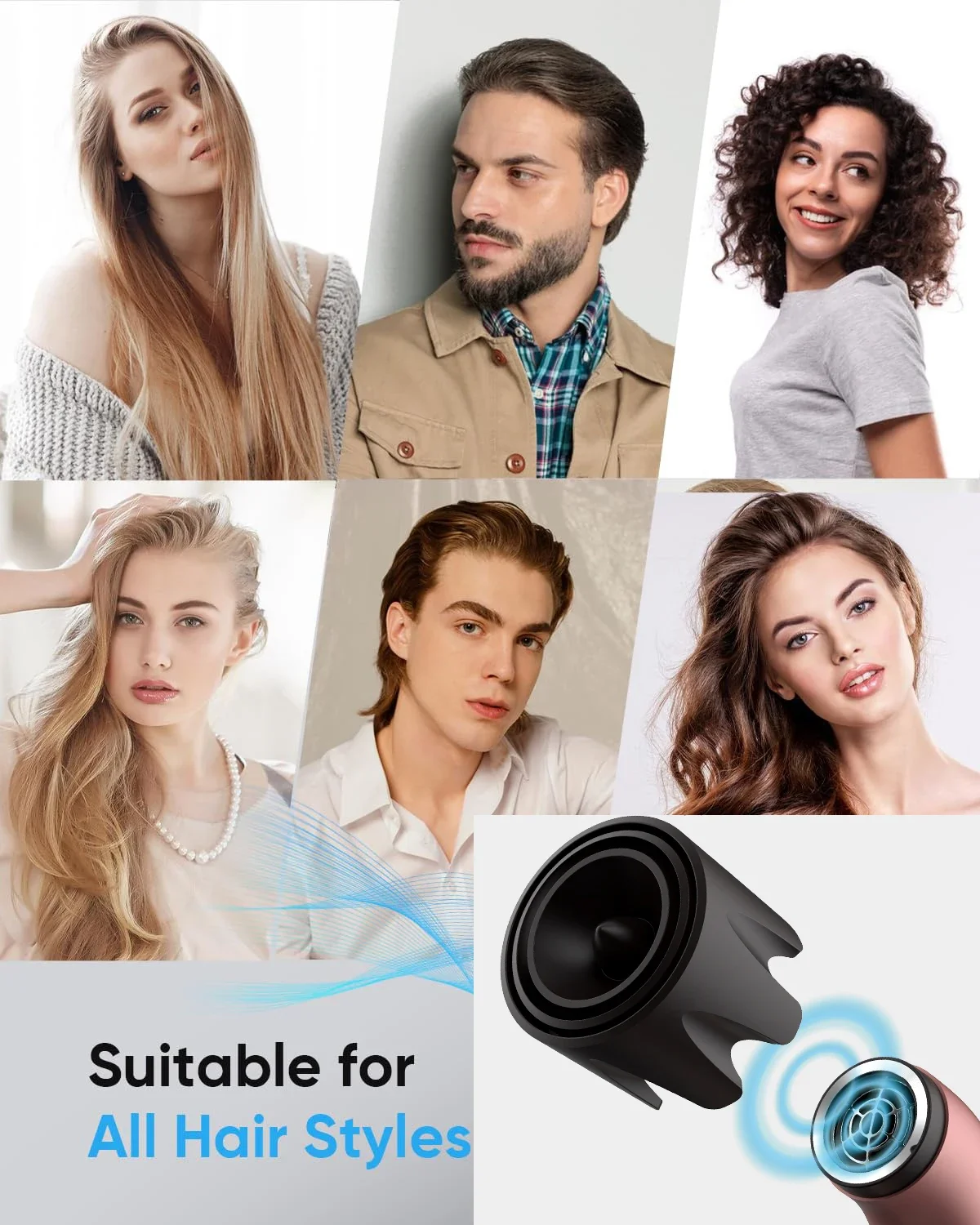 1400Wハイパワーヘアドライヤー、髪を素早く乾かす、軽量ボディ、低騒音、さまざまなタイプのエアノズルが付属しています。