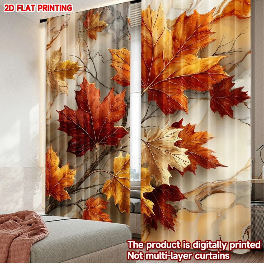 2pcs Autumn Leaves Curtains  Vibrant Red Orange Yellow Fall Foliage Pattern for Warm Cozy Bedroom Living Room Decor