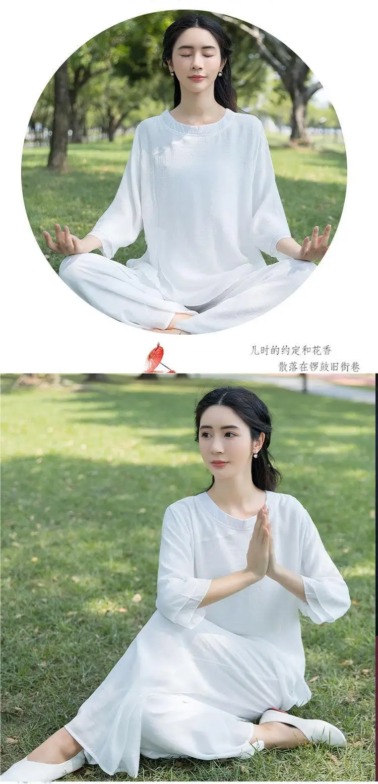 Chinesisches Baumwoll-Leinen-Zen-Teeset für Damen, lockerer Yoga-Meditations-Tai-Chi-Anzug mit Rundhalsausschnitt, Retro-traditionelle chinesische Kleidung – Detail 11
