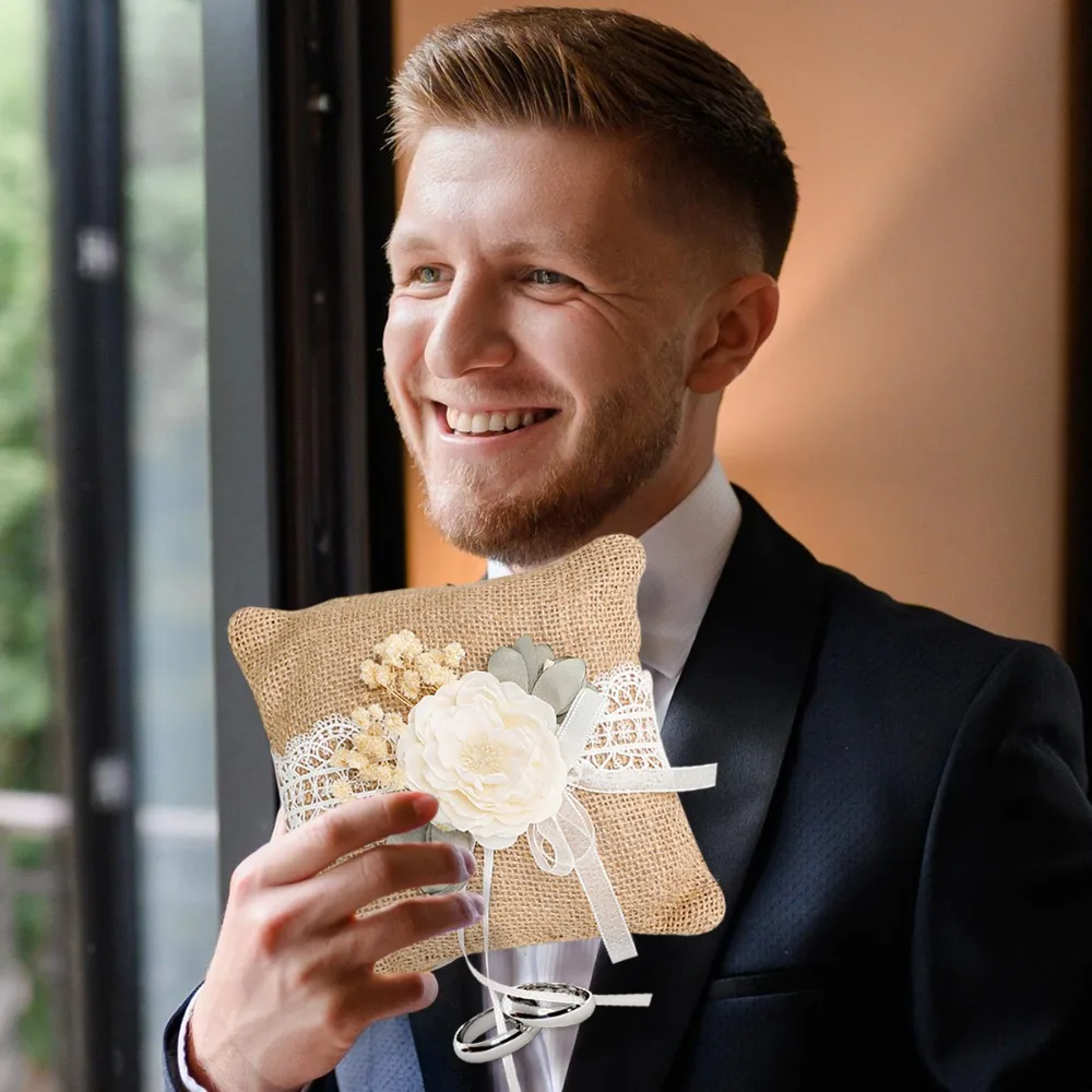 Cesto per ragazza di fiori da sposa in lino con anello di fiori di seta cuscino petalo cesto di caramelle ornamenti rustici decorazione per la tavola della festa nuziale